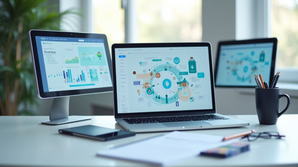 A bright, modern workspace with a laptop, tablet, and notepad, displaying various educational icons and digital charts on screens.