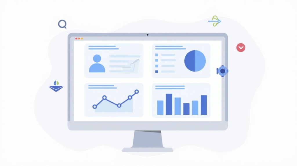 A flat design illustration of a computer screen displaying charts and graphs with e-learning icons, representing online training analytics.