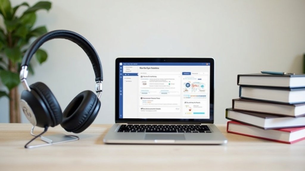 A laptop, headphones, textbooks, and a notebook arranged on a desk with a visible online course dashboard.