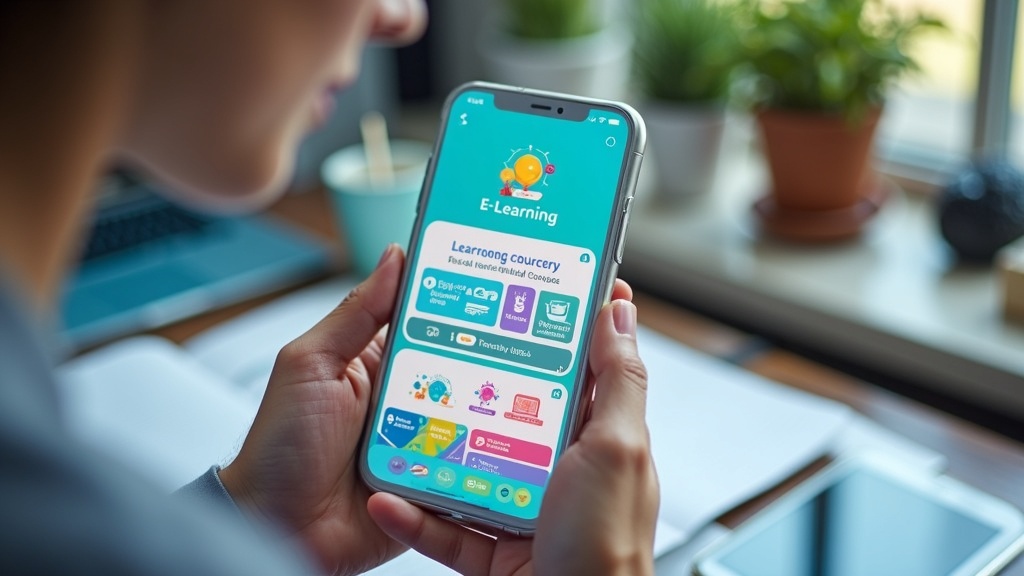 A vibrant smartphone screen displaying an interactive e-learning app with colorful icons and modules