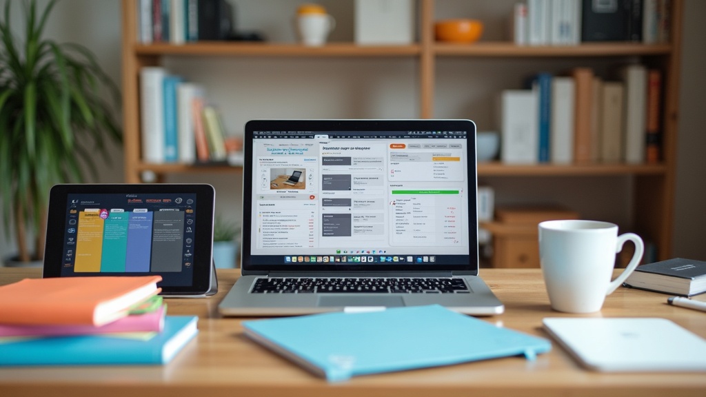 Desk with digital and physical study tools, open laptop, and planners