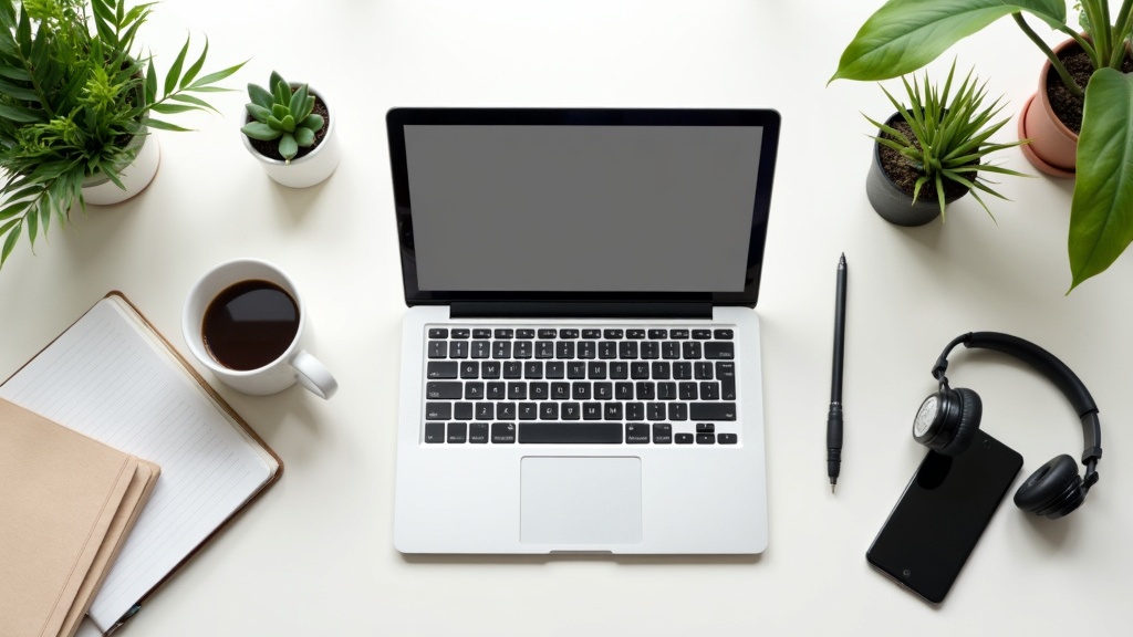 Laptop surrounded by notebooks, coffee mug, and headphones for online training