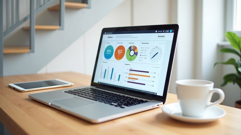 Modern digital interface concept showing an LMS dashboard on a laptop and tablet next to coffee mug on a wooden desk