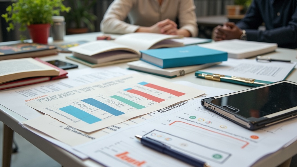 a detailed collection of books, digital gadgets, and training materials organized on a desk with an open laptop, notepad, and specialty equipment representing professional niche training