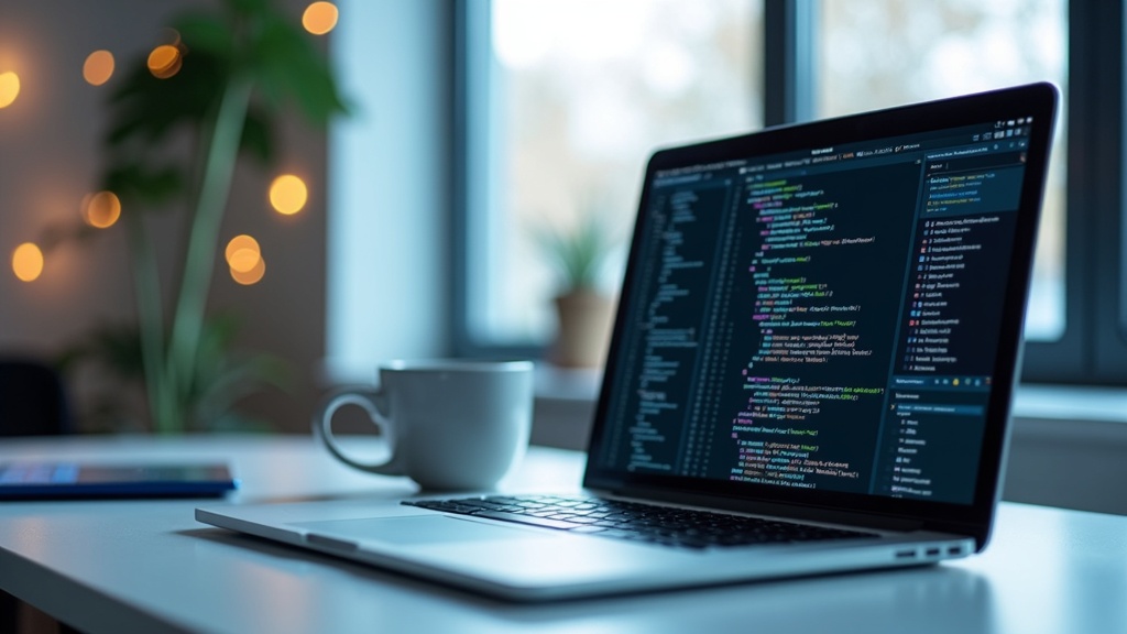 digital workspace with laptop, code, coffee mug, and tech icons