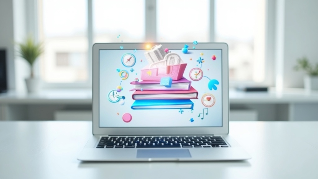 Illustration of a laptop with digital learning icons and course modules