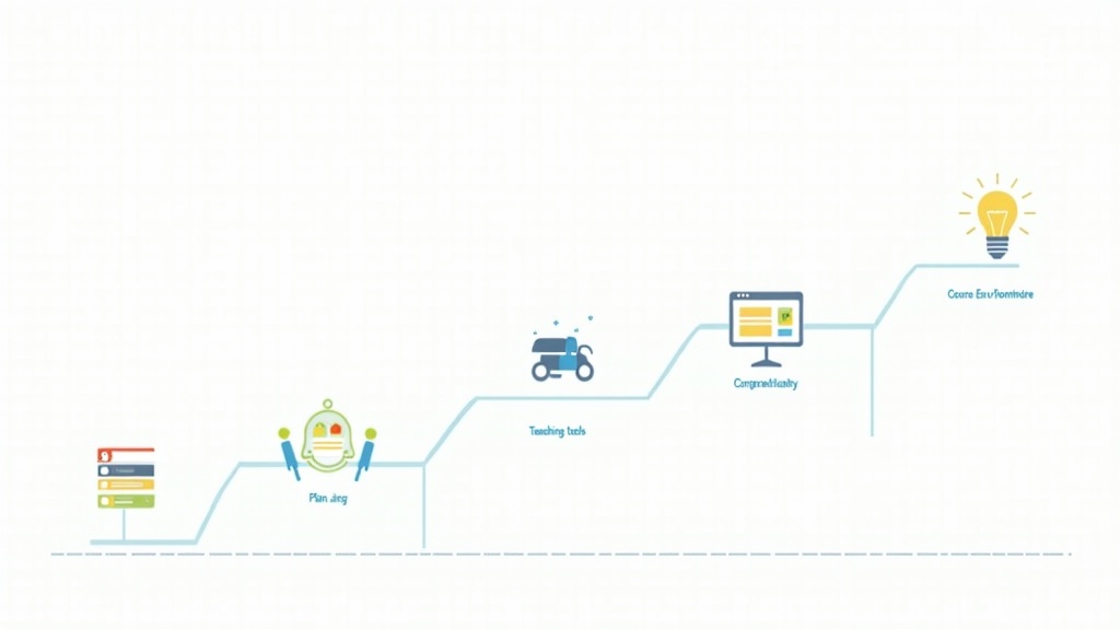 Illustration of an online course development process with icons representing planning, content creation, delivery, and evaluation.