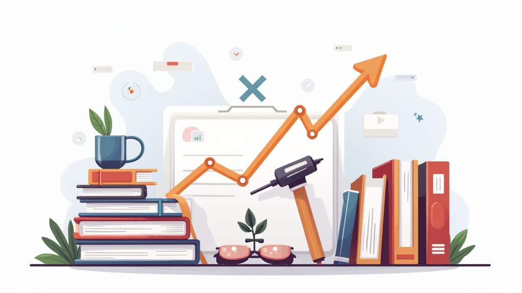 Illustration of an open book, specialized tools, and growth arrows on a desk