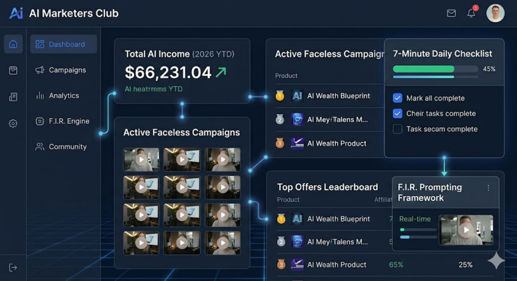 The AI Marketers Club Business-in-a-Box Dashboard, showing the Faceless Content Generator, 7-Minute Checklist, and High-Gravity Offers.