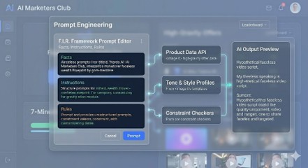 An advanced AI prompt engineering interface showing how the F.I.R. Framework structures a detailed input to generate a targeted faceless video script.