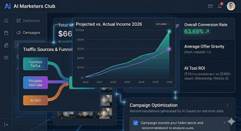 An analytics dashboard visualizing 2026 projected vs. actual income growth, tracking traffic sources, and calculating the high ROI of $14/month AI tool usage.